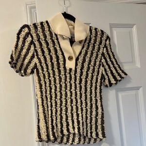 Striped Short Sleeve Knit Top with Button Detail